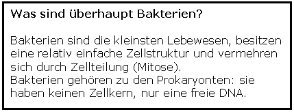 Text Box: Was sind berhaupt Bakterien?

Bakterien sind die kleinsten Lebewesen, besitzen eine relativ einfache Zellstruktur und vermehren sich durch Zellteilung (Mitose).
Bakterien gehren zu den Prokaryonten: sie haben keinen Zellkern, nur eine freie DNA.
