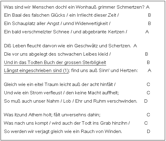 Text Box: Was sind wir Menschen doch! ein Wonhauß grimmer Schmertzen? A
Ein Baal des falschen Glücks / ein Irrliecht dieser Zeit / B
Ein Schauplatz aller Angst / unnd Widerwertigkeit / B
Ein bald verschmelzter Schnee / und abgebrante Kertzen / A
Diß Leben fleucht darvon wie ein Geschwätz und Schertzen. A
Die vor uns abgelegt des schwachen Leibes kleid / B
Und in das Todten Buch der grossen Sterbligkeit B
Längst eingeschrieben sind (1); find uns auß Sinn' und Hertzen: A
Gleich wie ein eitel Traum leicht auß der acht hinfält / C
Und wie ein Strom verfleust / den keine Macht auffhelt; C
So muß auch unser Nahm / Lob / Ehr und Ruhm verschwinden. D
Was itzund Athem holt; fält unversehns dahin; C
Was nach uns kompt / wird auch der Todt ins Grab hinzihn / C
So werden wir verjagt gleich wie ein Rauch von Winden. D