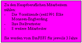 Text Box: Zu den Hauptberuflichen Mitarbeitern zhlen:
-	Die Vorsitzende (seit1991 Elke Monssen-Engberding
-	Ihre Stellvertreter
-	8 weitere Mitarbeiter

Sie werden vom BmFSFJ fr jeweils 3 Jahre bestellt
