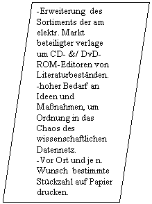 Flowchart: Data: -Erweiterung  des Sortiments der am elektr. Markt  beteiligter verlage um CD- &/ DvD-ROM-Editoren von Literaturbestnden.
-hoher Bedarf an Ideen und Manahmen, um Ordnung in das Chaos des wissenschaftlichen Datennetz.
-Vor Ort und je n. Wunsch  bestimmte Stckzahl auf Papier drucken.   














































