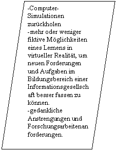 Flowchart: Data: -Computer-Simulationen zurckholen
-mehr oder weniger fiktive Mglichkeiten eines Lernens in virtueller Realitt, um neuen Forderungen und Aufgaben im Bildungsbereich einer Informationsgesellschaft besser fassen zu knnen.
-gedankliche Anstrengungen und Forschungsarbeitenanforderungen.
