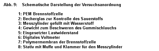 Text Box: Abb. 9:    Schematische Darstellung der Versuchsanordnung

	1: PEM Brennstoffzelle
	2: Becherglas zur Kontrolle des Sauerstoffs
	3: Messzylinder gefllt mit Wasserstoff
	4: Gewicht zum Beschweren des Gummischlauchs
	5: Eingesetzter Lastwiderstand
	6: Digitales Voltmeter
	7: Polymermembran der Brennstoffzelle
	8: Stativ mit Muffe und Klammer fr den Messzylinder
