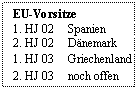 Text Box: EU-Vorsitze
1. HJ 02	Spanien
2. HJ 02	Dnemark
1. HJ 03	Griechenland
2. HJ 03	noch offen

