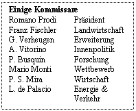 Text Box: Einige Kommissare 
Romano Prodi	Prsident
Franz Fischler  	Landwirtschaft
G. Verheugen	Erweiterung
A. Vitorino	Innenpolitik
P. Busquin	Forschung
Mario Monti	Wettbewerb
P. S. Mira	Wirtschaft
L. de Palacio	Energie & Verkehr

