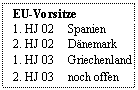 Text Box: EU-Vorsitze
1. HJ 02	Spanien
2. HJ 02	Dnemark
1. HJ 03	Griechenland
2. HJ 03	noch offen

