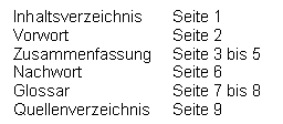 Text Box: Inhaltsverzeichnis	Seite 1
Vorwort		Seite 2
Zusammenfassung	Seite 3 bis 5
Nachwort		Seite 6
Glossar		Seite 7 bis 8
Quellenverzeichnis	Seite 9

