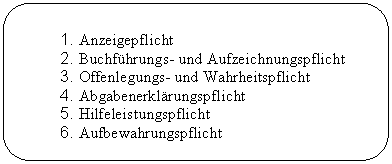 Rounded Rectangle: 1.	Anzeigepflicht
2.	Buchfhrungs- und Aufzeichnungspflicht
3.	Offenlegungs- und Wahrheitspflicht
4.	Abgabenerklrungspflicht
5.	Hilfeleistungspflicht
6.	Aufbewahrungspflicht

